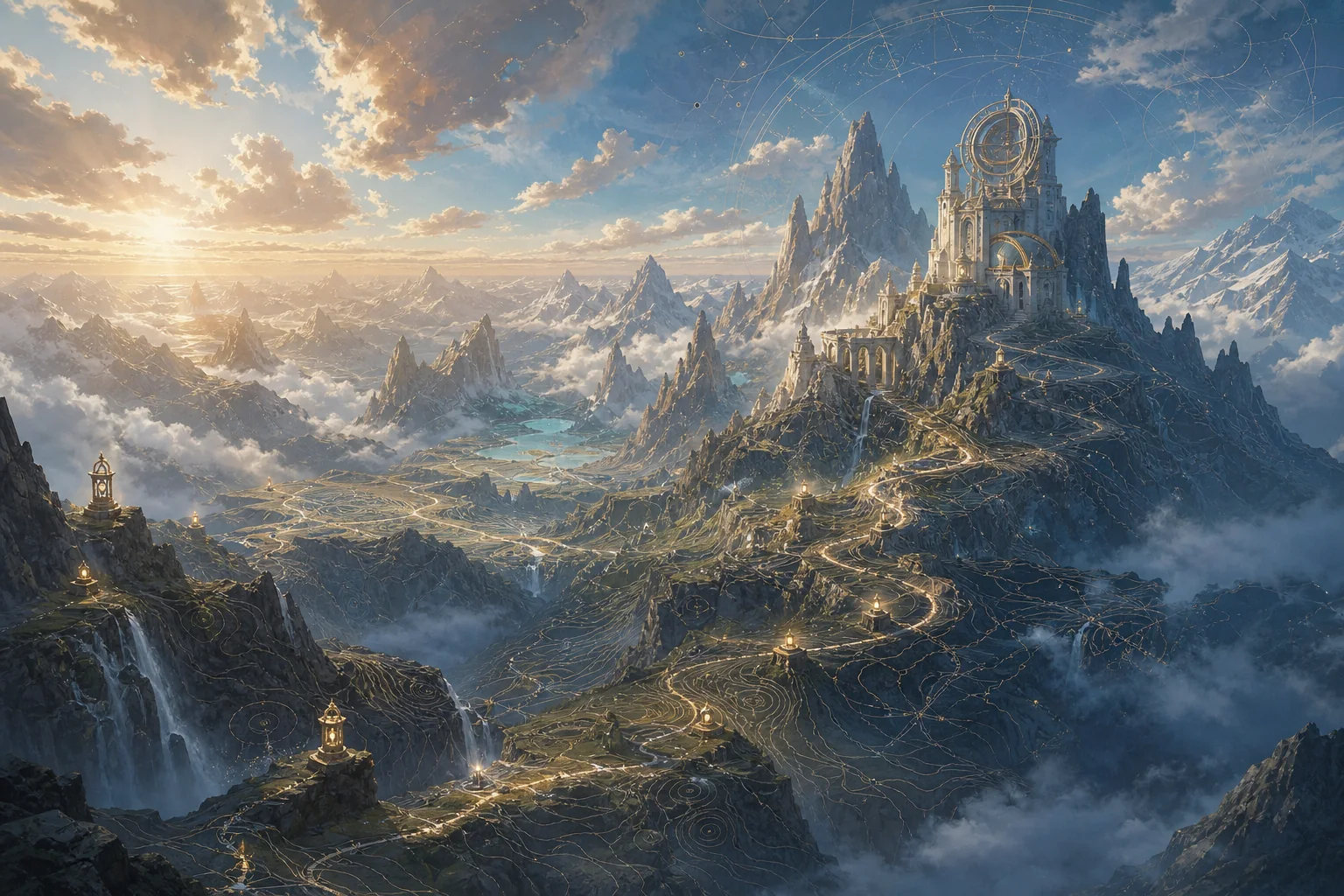A luminous alpine fantasy atlas under a bright sky