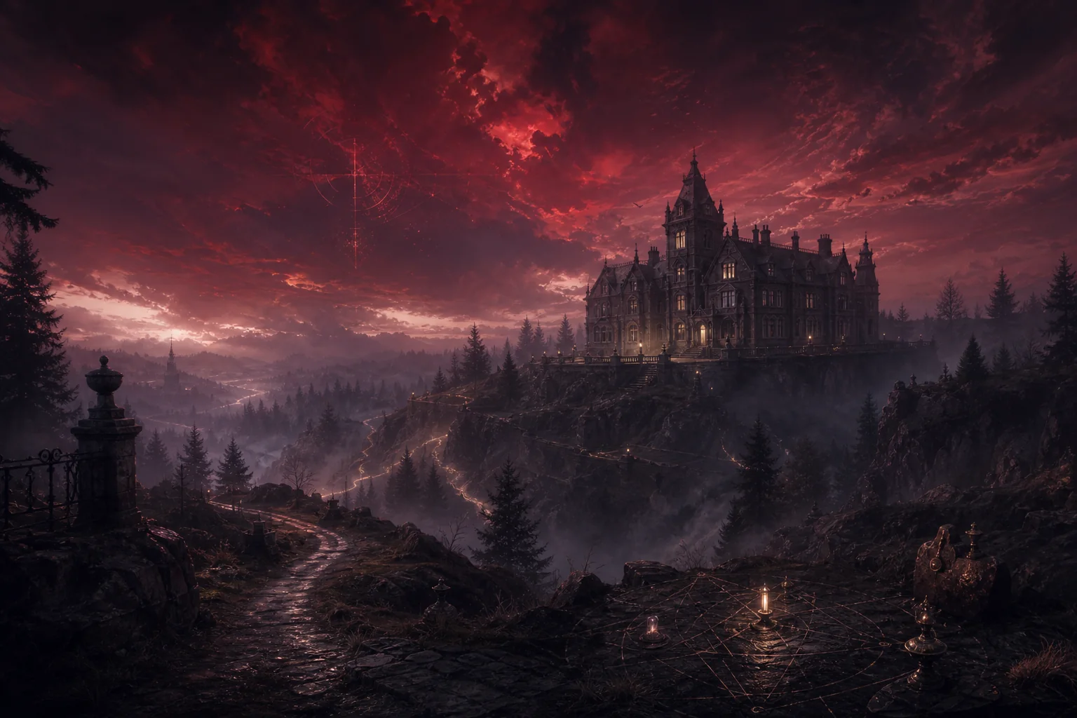 A crimson-lit manor looming above a foggy forest