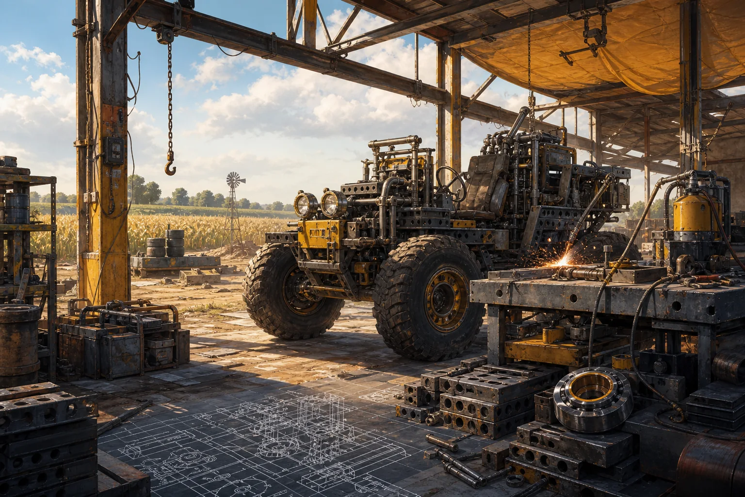 A modular workshop vehicle parked in a sunlit scrapyard